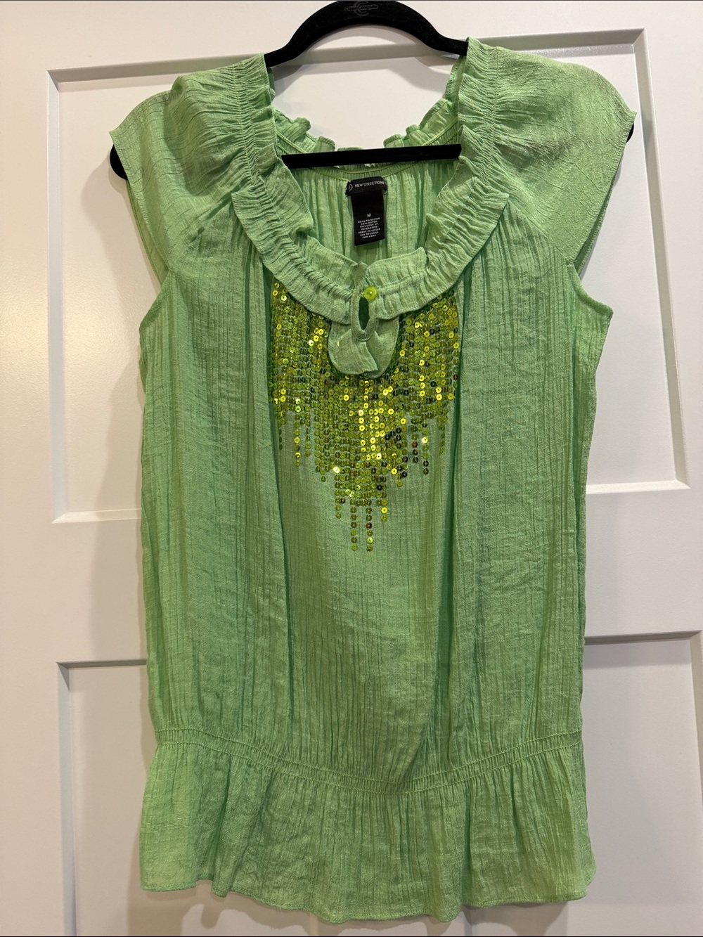 Light Green Ruffle Neck Sequin Detail Women's Top Summer Blouse Size Medium